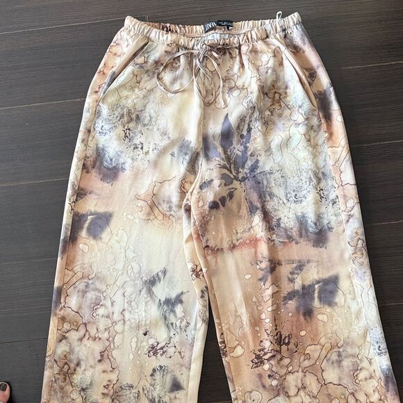 ZARA Full Length Printed Brown satin Women's Pants, Small - Picture 7 of 10